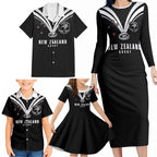 New Zealand Maori Rugby Custom Family Matching Long Sleeve Bodycon Dress and Hawaiian Shirt Aotearoa Tribal Motif Retro Concept