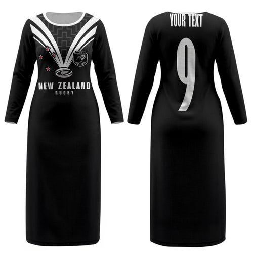New Zealand Maori Rugby Custom Family Matching Long Sleeve Bodycon Dress and Hawaiian Shirt Aotearoa Tribal Motif Retro Concept