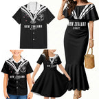 New Zealand Maori Rugby Custom Family Matching Mermaid Dress and Hawaiian Shirt Aotearoa Tribal Motif Retro Concept