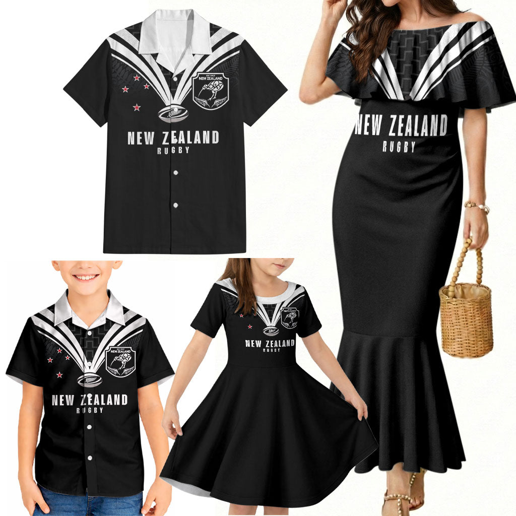 New Zealand Maori Rugby Custom Family Matching Mermaid Dress and Hawaiian Shirt Aotearoa Tribal Motif Retro Concept
