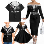 New Zealand Maori Rugby Custom Family Matching Off The Shoulder Long Sleeve Dress and Hawaiian Shirt Aotearoa Tribal Motif Retro Concept