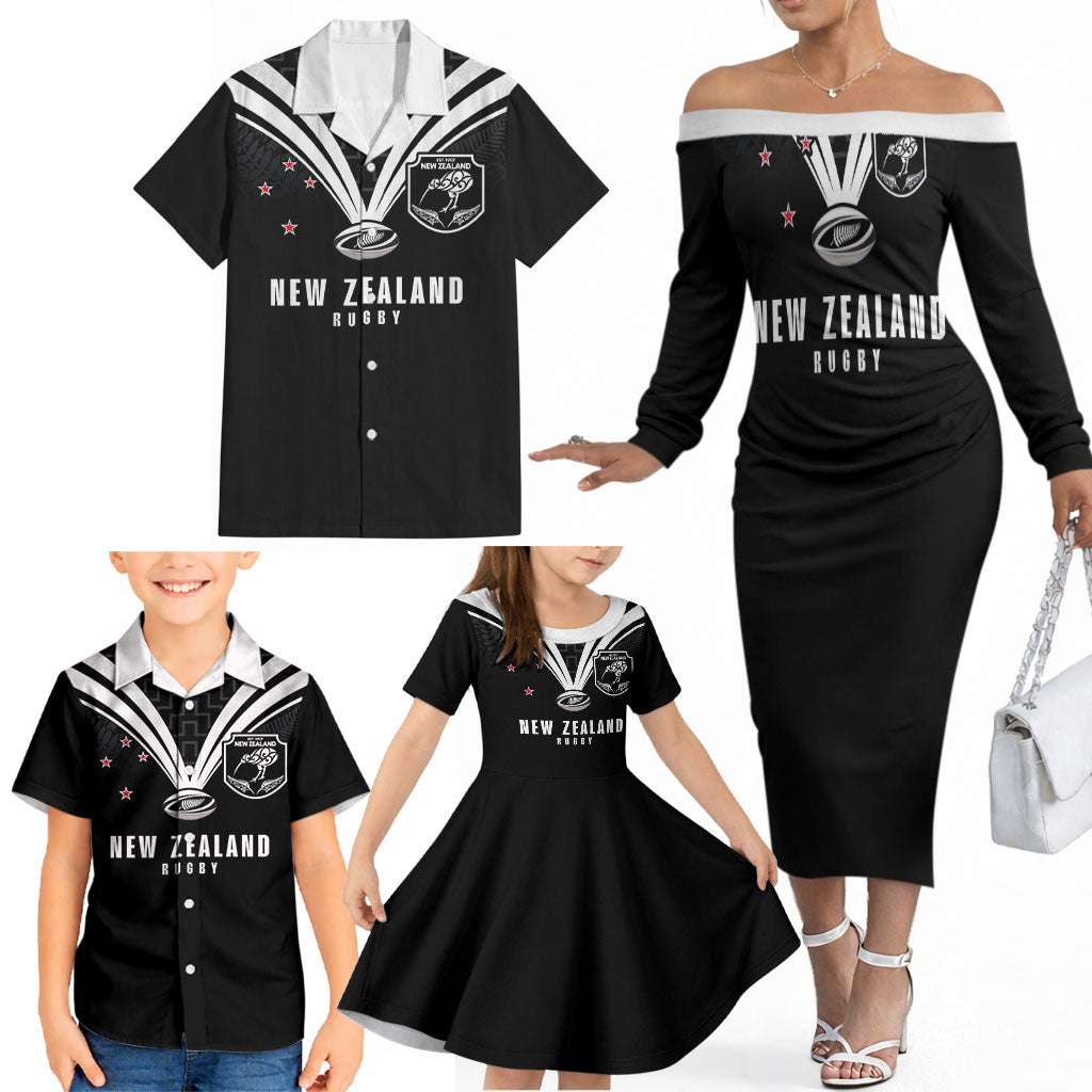 New Zealand Maori Rugby Custom Family Matching Off The Shoulder Long Sleeve Dress and Hawaiian Shirt Aotearoa Tribal Motif Retro Concept