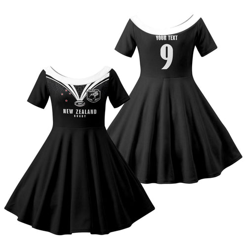 New Zealand Maori Rugby Custom Family Matching Off The Shoulder Long Sleeve Dress and Hawaiian Shirt Aotearoa Tribal Motif Retro Concept