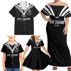 New Zealand Maori Rugby Custom Family Matching Off Shoulder Maxi Dress and Hawaiian Shirt Aotearoa Tribal Motif Retro Concept