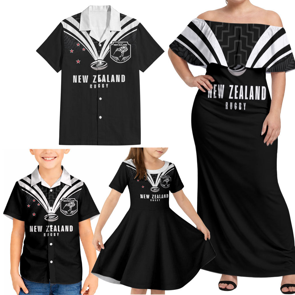 New Zealand Maori Rugby Custom Family Matching Off Shoulder Maxi Dress and Hawaiian Shirt Aotearoa Tribal Motif Retro Concept