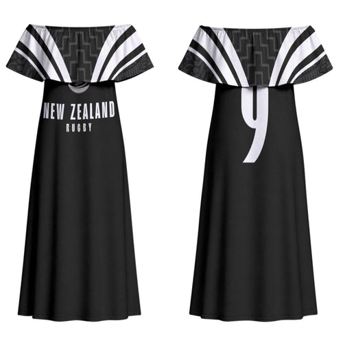 New Zealand Maori Rugby Custom Family Matching Off Shoulder Maxi Dress and Hawaiian Shirt Aotearoa Tribal Motif Retro Concept