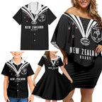 New Zealand Maori Rugby Custom Family Matching Off Shoulder Short Dress and Hawaiian Shirt Aotearoa Tribal Motif Retro Concept
