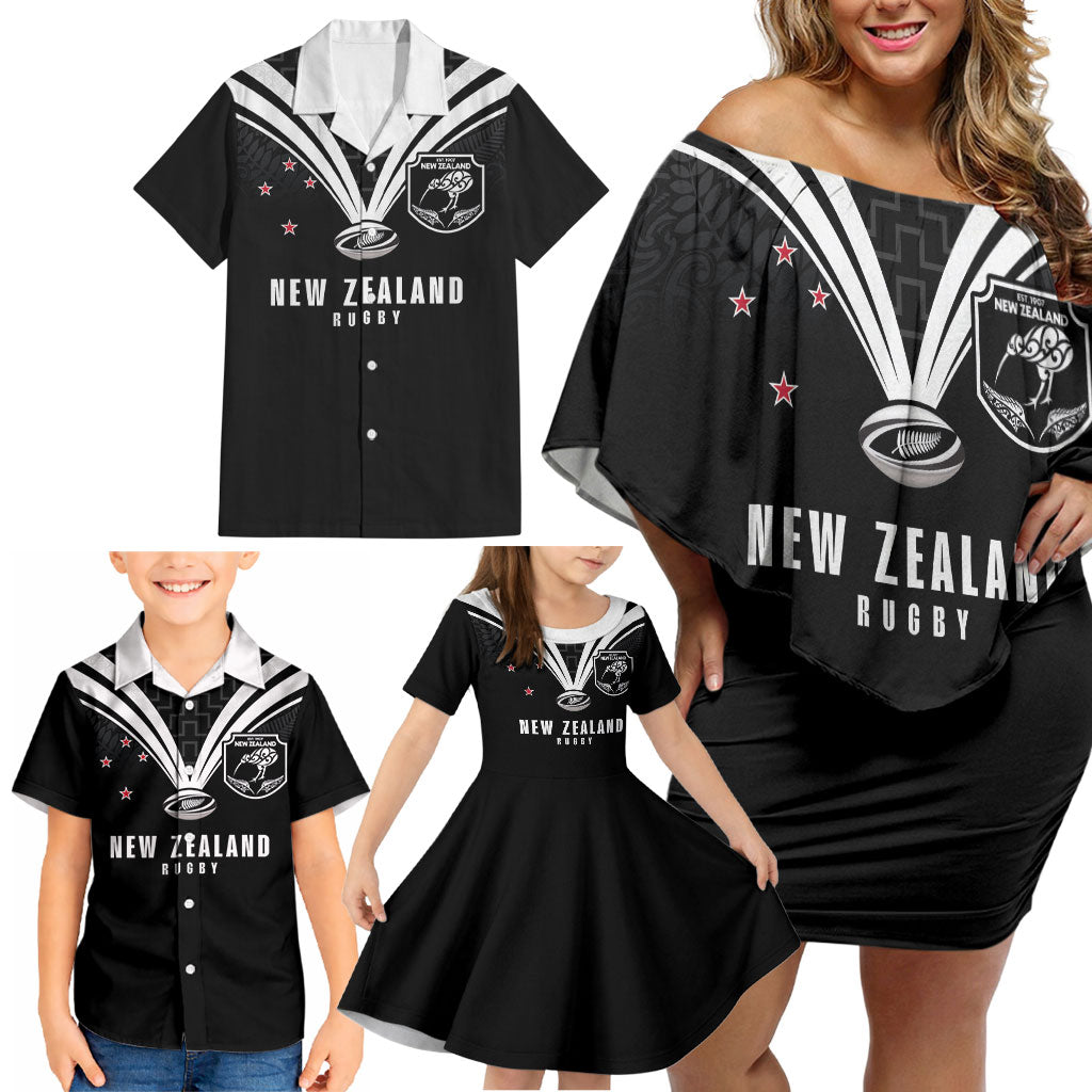 New Zealand Maori Rugby Custom Family Matching Off Shoulder Short Dress and Hawaiian Shirt Aotearoa Tribal Motif Retro Concept