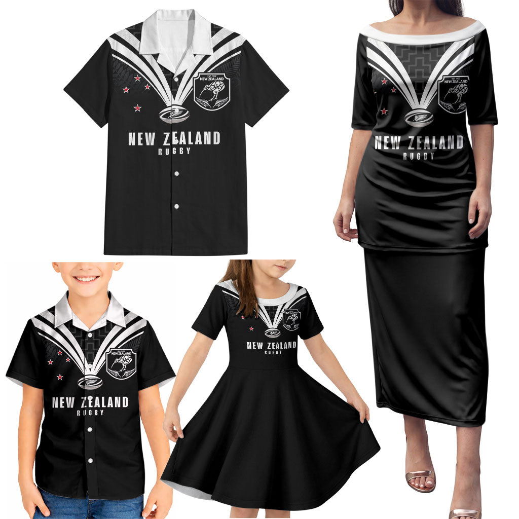 New Zealand Maori Rugby Custom Family Matching Puletasi and Hawaiian Shirt Aotearoa Tribal Motif Retro Concept