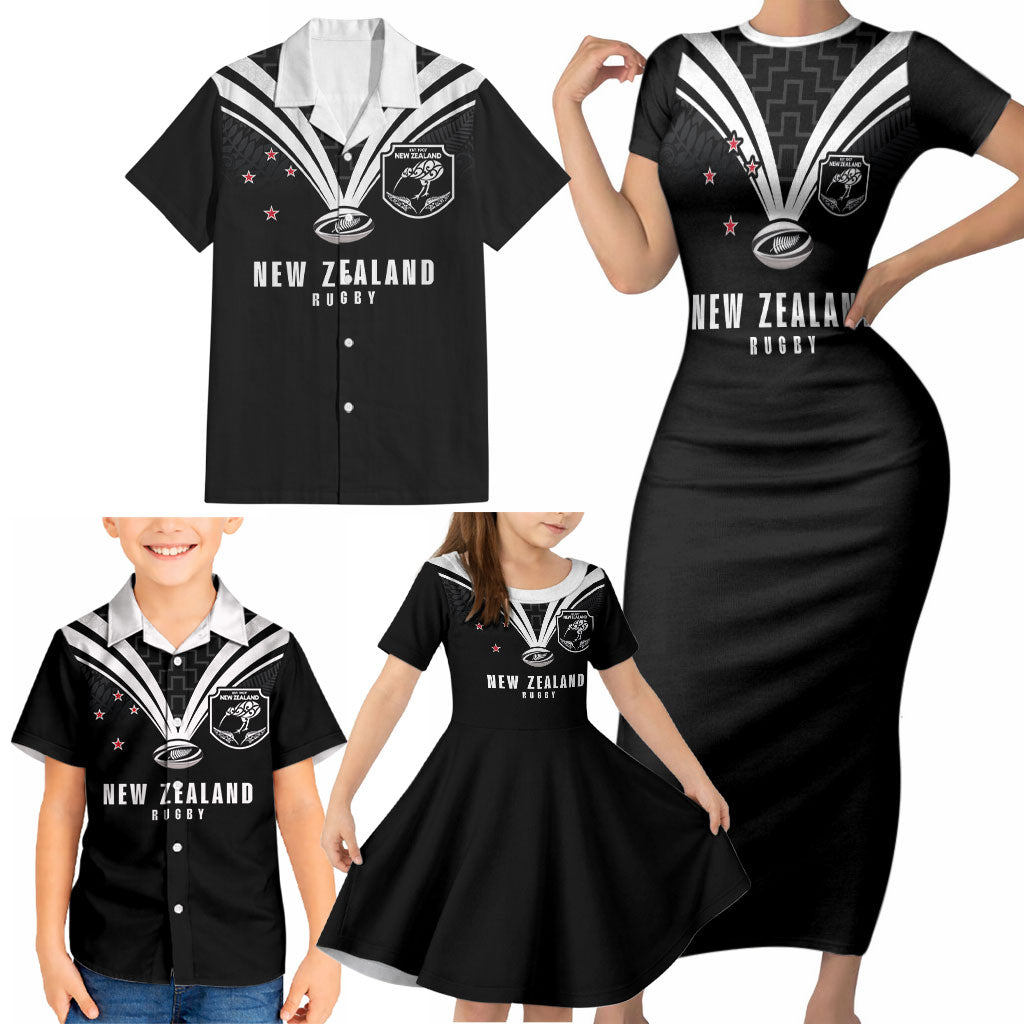 New Zealand Maori Rugby Custom Family Matching Short Sleeve Bodycon Dress and Hawaiian Shirt Aotearoa Tribal Motif Retro Concept