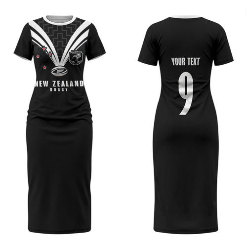 New Zealand Maori Rugby Custom Family Matching Short Sleeve Bodycon Dress and Hawaiian Shirt Aotearoa Tribal Motif Retro Concept