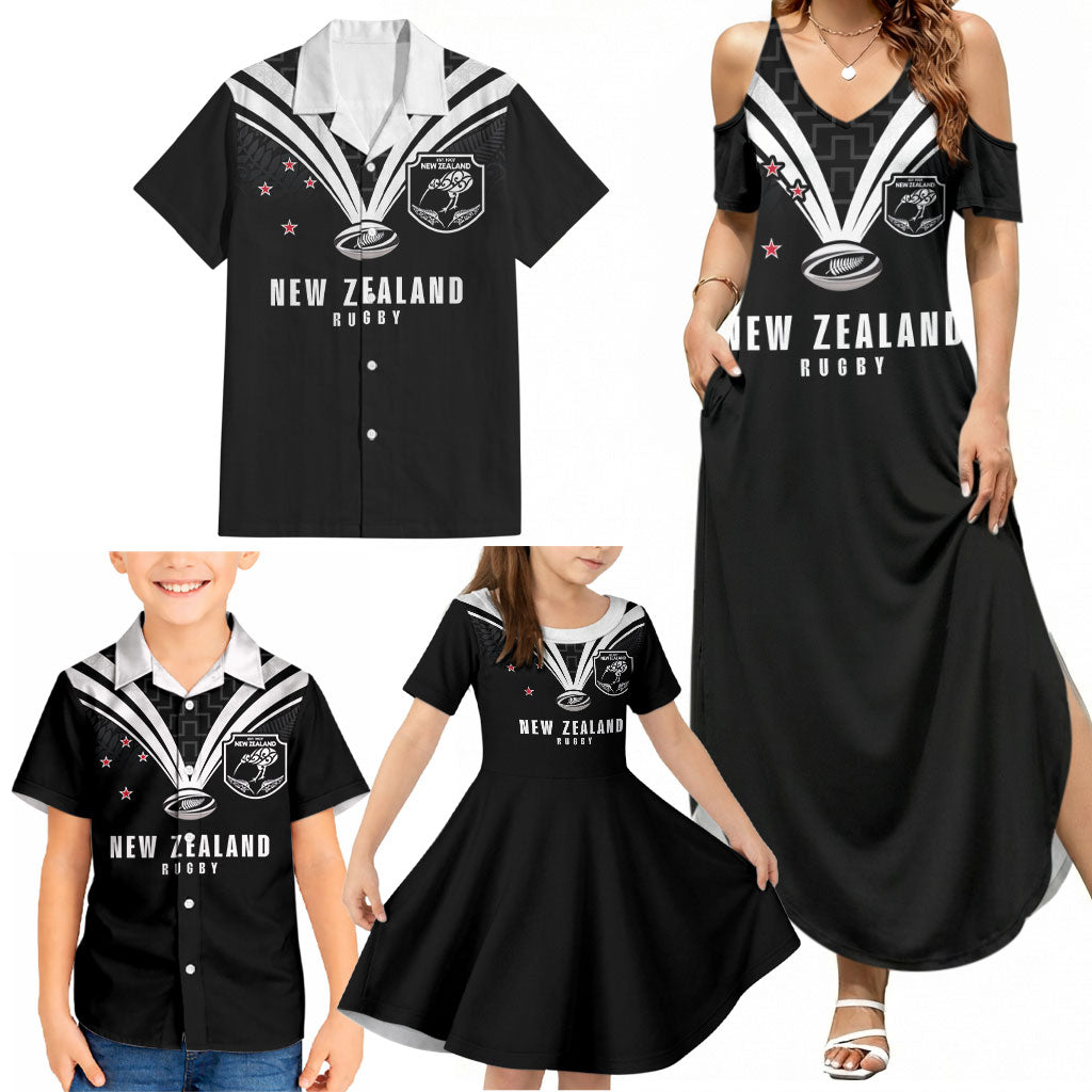 New Zealand Maori Rugby Custom Family Matching Summer Maxi Dress and Hawaiian Shirt Aotearoa Tribal Motif Retro Concept