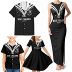 New Zealand Maori Rugby Custom Family Matching Tank Maxi Dress and Hawaiian Shirt Aotearoa Tribal Motif Retro Concept