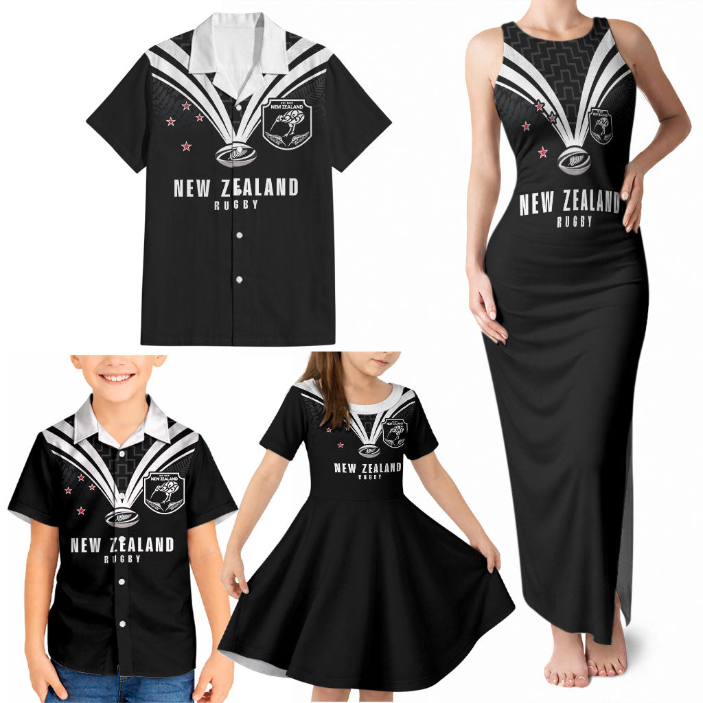 New Zealand Maori Rugby Custom Family Matching Tank Maxi Dress and Hawaiian Shirt Aotearoa Tribal Motif Retro Concept