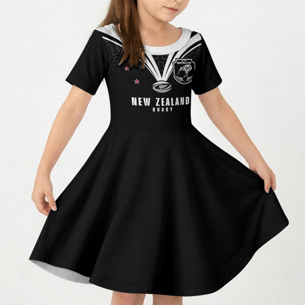 New Zealand Maori Rugby Custom Kid Short Sleeve Dress Aotearoa Tribal Motif Retro Concept