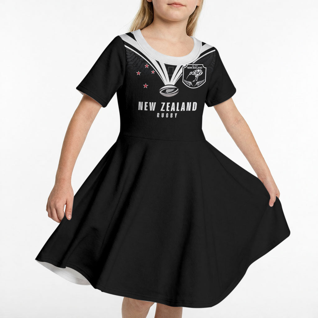 New Zealand Maori Rugby Custom Kid Short Sleeve Dress Aotearoa Tribal Motif Retro Concept