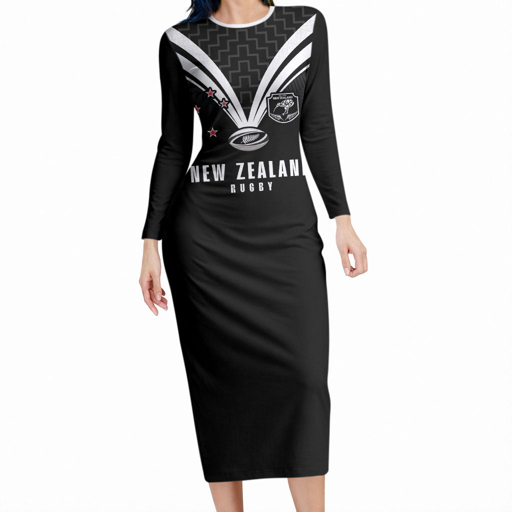 New Zealand Maori Rugby Custom Long Sleeve Bodycon Dress Aotearoa Tribal Motif Retro Concept