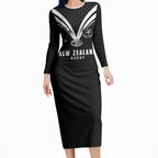 New Zealand Maori Rugby Custom Long Sleeve Bodycon Dress Aotearoa Tribal Motif Retro Concept