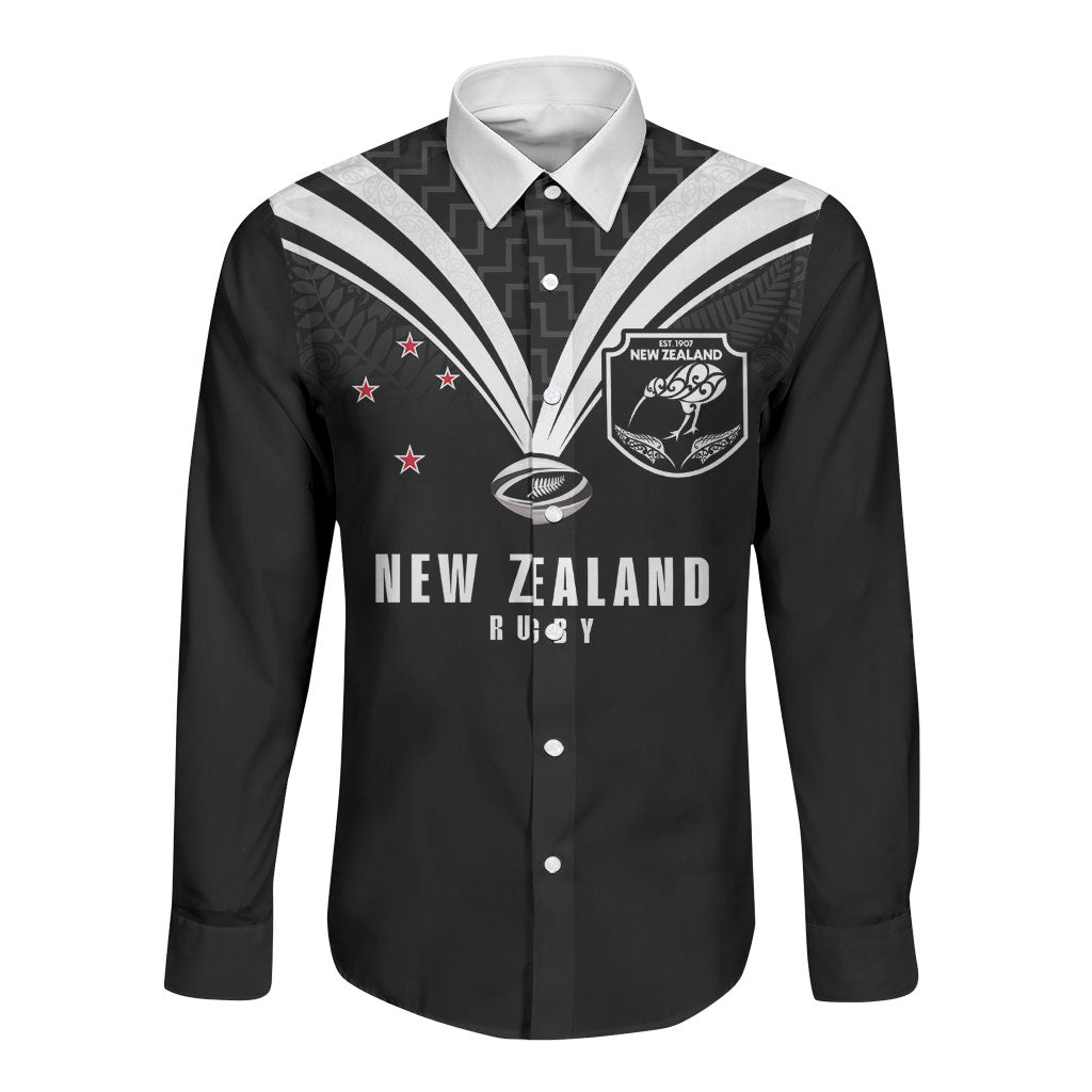 New Zealand Maori Rugby Custom Long Sleeve Button Shirt Aotearoa Tribal Motif Retro Concept