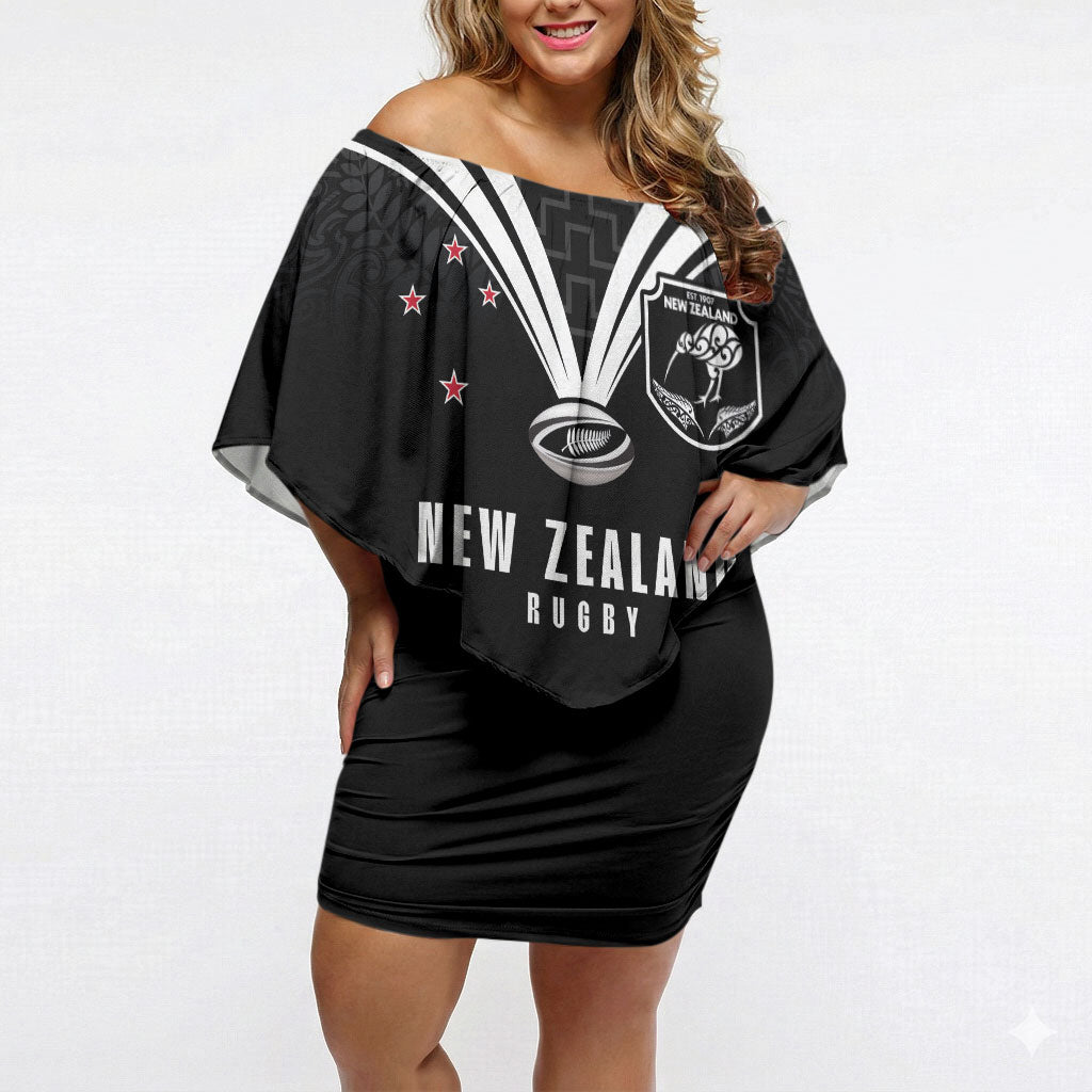 New Zealand Maori Rugby Custom Off Shoulder Short Dress Aotearoa Tribal Motif Retro Concept