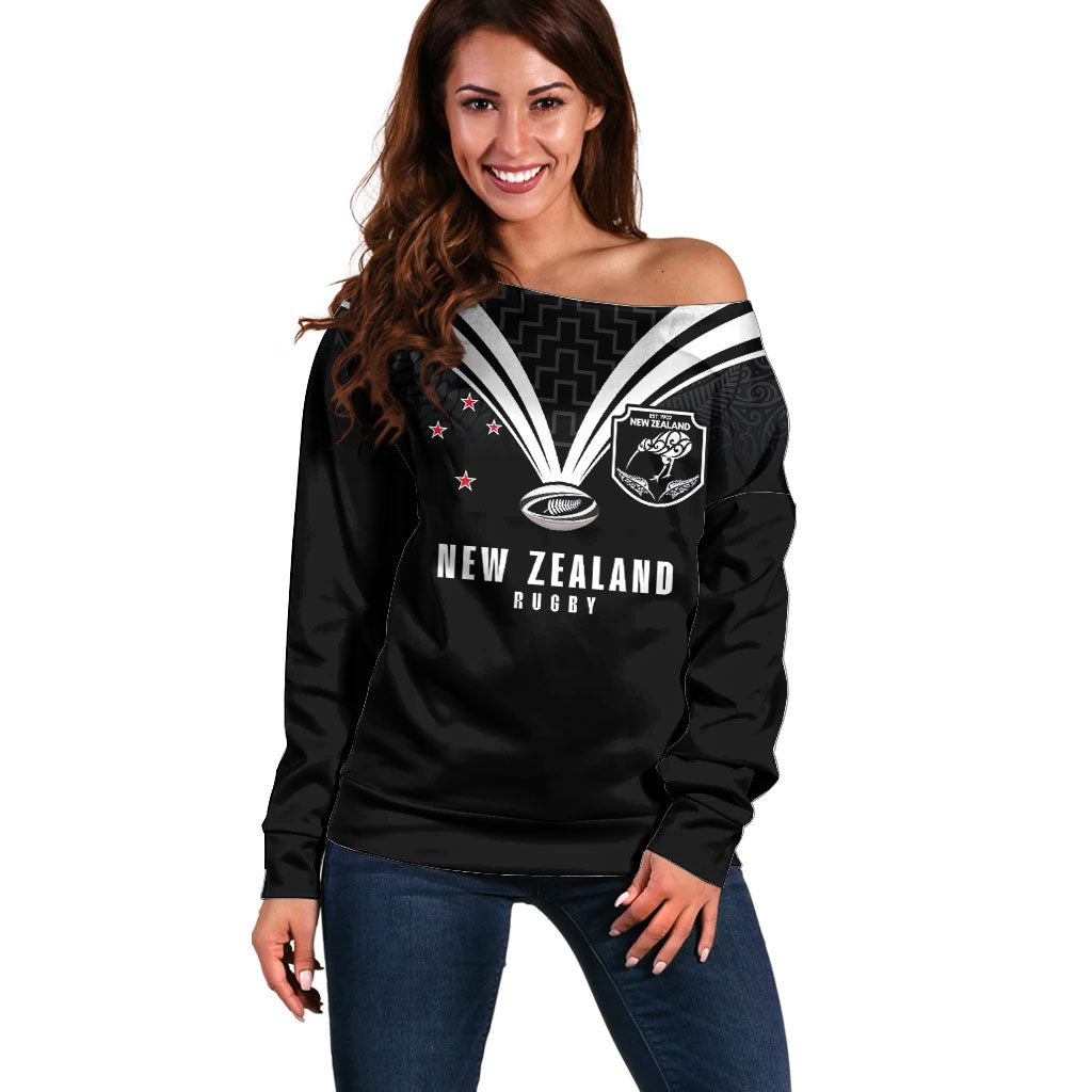 New Zealand Maori Rugby Custom Off Shoulder Sweater Aotearoa Tribal Motif Retro Concept
