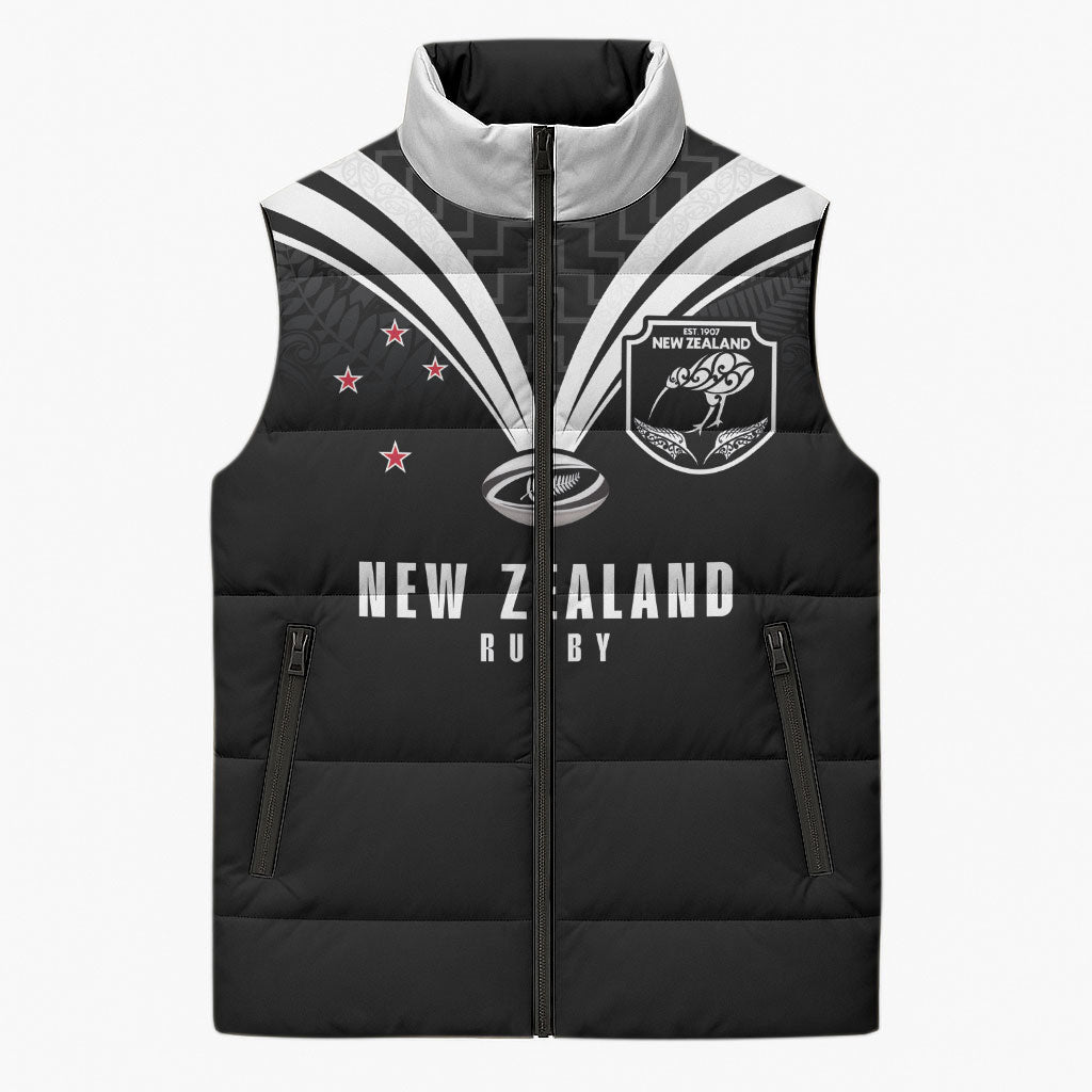 New Zealand Maori Rugby Custom Sleeveless Puffer Jacket Aotearoa Tribal Motif Retro Concept