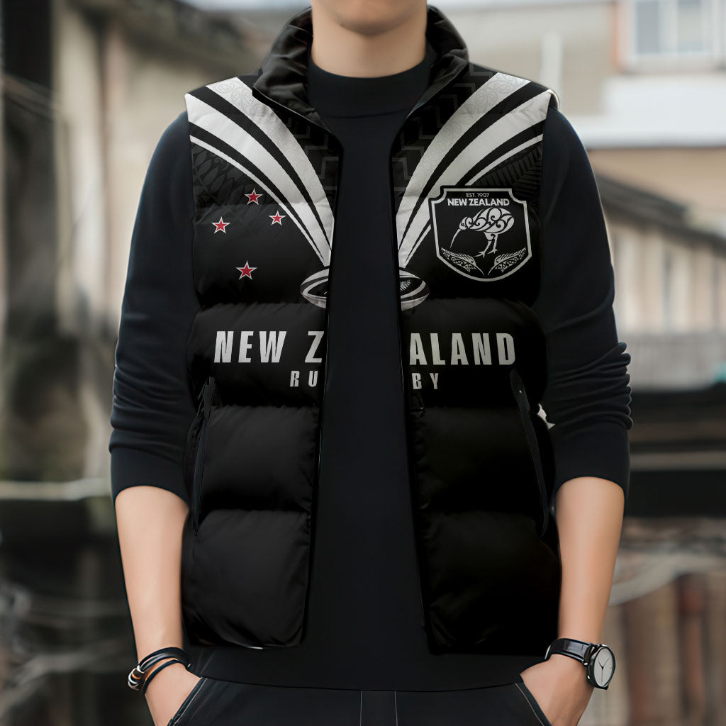 New Zealand Maori Rugby Custom Sleeveless Puffer Jacket Aotearoa Tribal Motif Retro Concept