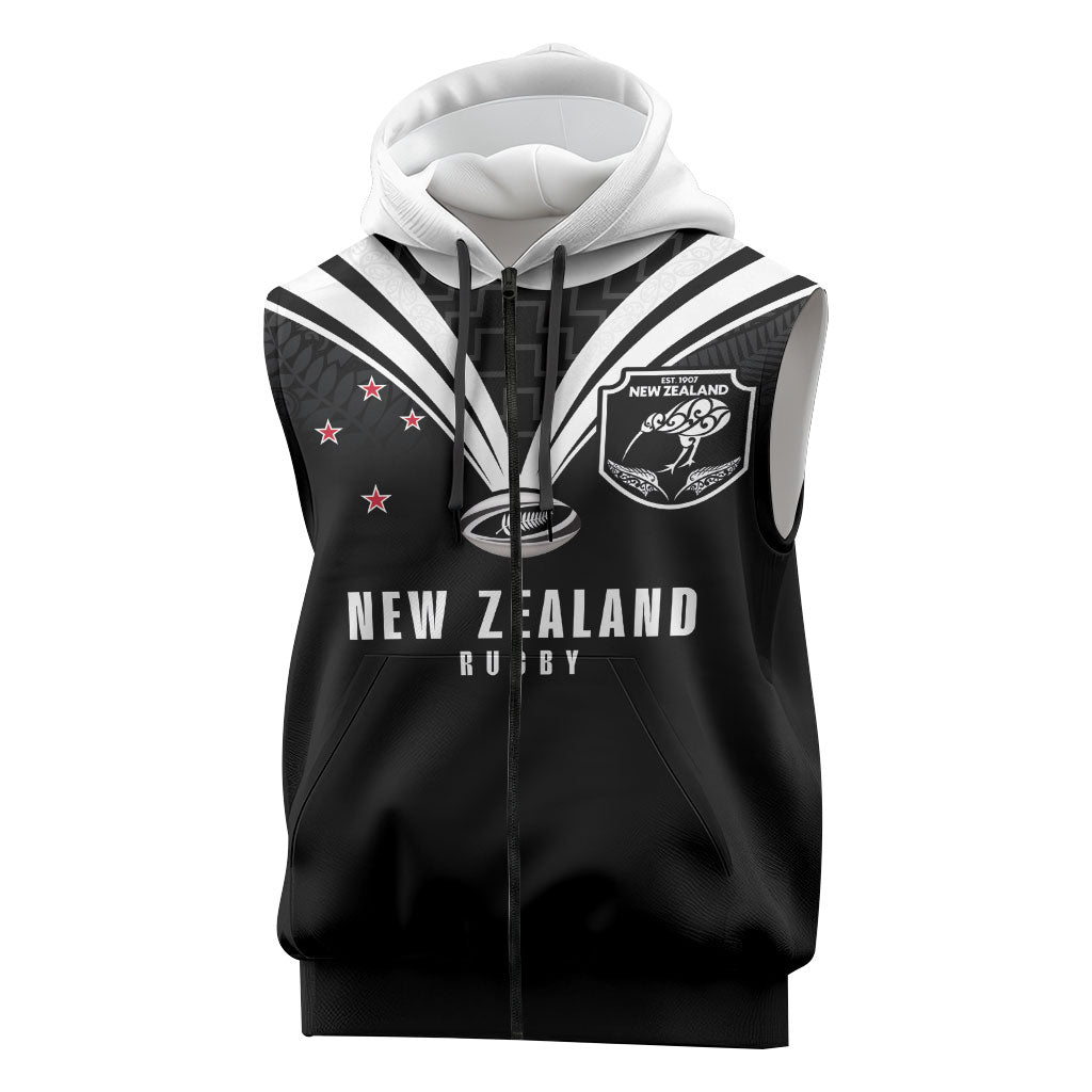 New Zealand Maori Rugby Custom Sleeveless Zip Hoodie Aotearoa Tribal Motif Retro Concept