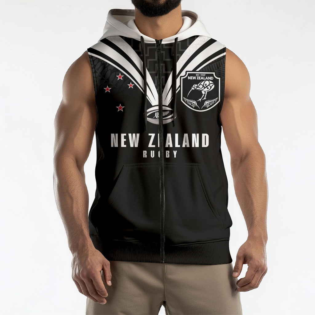 New Zealand Maori Rugby Custom Sleeveless Zip Hoodie Aotearoa Tribal Motif Retro Concept