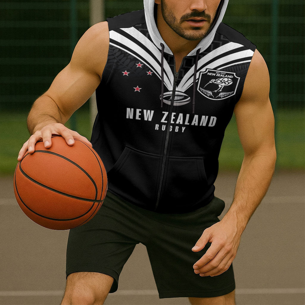 New Zealand Maori Rugby Custom Sleeveless Zip Hoodie Aotearoa Tribal Motif Retro Concept