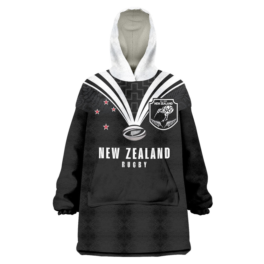 New Zealand Maori Rugby Custom Wearable Blanket Hoodie Aotearoa Tribal Motif Retro Concept