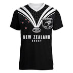 New Zealand Maori Rugby Custom Women V-Neck T-Shirt Aotearoa Tribal Motif Retro Concept