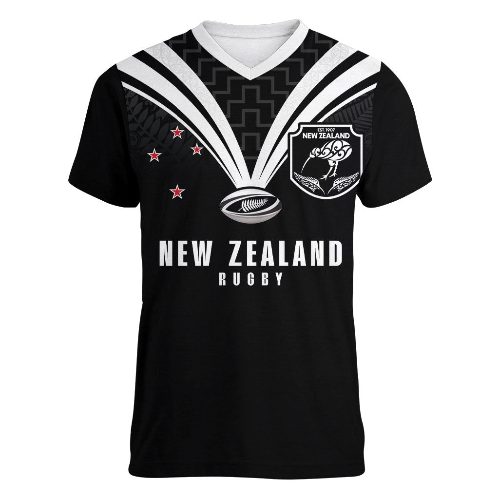 New Zealand Maori Rugby Custom Women V-Neck T-Shirt Aotearoa Tribal Motif Retro Concept