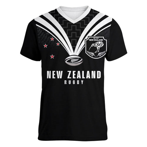 New Zealand Maori Rugby Custom Women V-Neck T-Shirt Aotearoa Tribal Motif Retro Concept