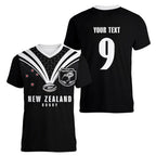 New Zealand Maori Rugby Custom Women V-Neck T-Shirt Aotearoa Tribal Motif Retro Concept