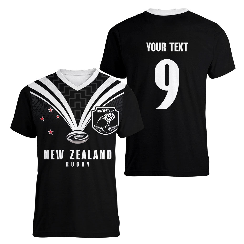 New Zealand Maori Rugby Custom Women V-Neck T-Shirt Aotearoa Tribal Motif Retro Concept