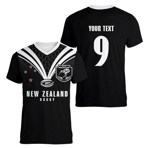 New Zealand Maori Rugby Custom Women V-Neck T-Shirt Aotearoa Tribal Motif Retro Concept