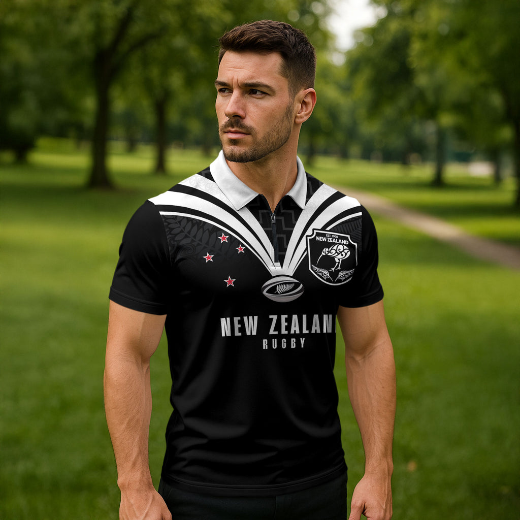 New Zealand Maori Rugby Custom Zipper Polo Shirt Aotearoa Tribal Motif Retro Concept