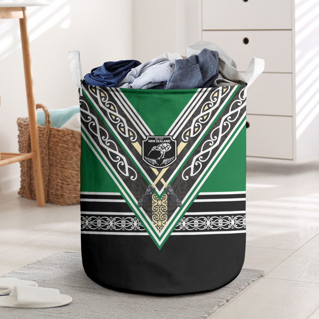 New Zealand Maori Rugby Laundry Basket Aotearoa Koru Geometric - Naturalistic Green