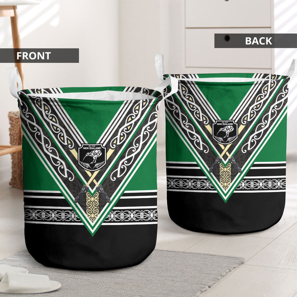 New Zealand Maori Rugby Laundry Basket Aotearoa Koru Geometric - Naturalistic Green