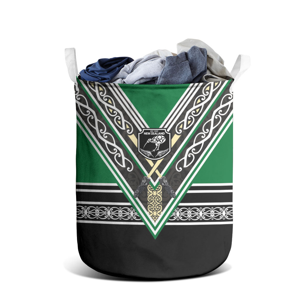 New Zealand Maori Rugby Laundry Basket Aotearoa Koru Geometric - Naturalistic Green
