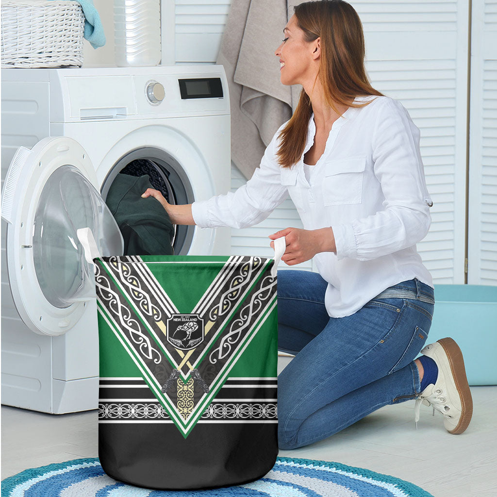 New Zealand Maori Rugby Laundry Basket Aotearoa Koru Geometric - Naturalistic Green