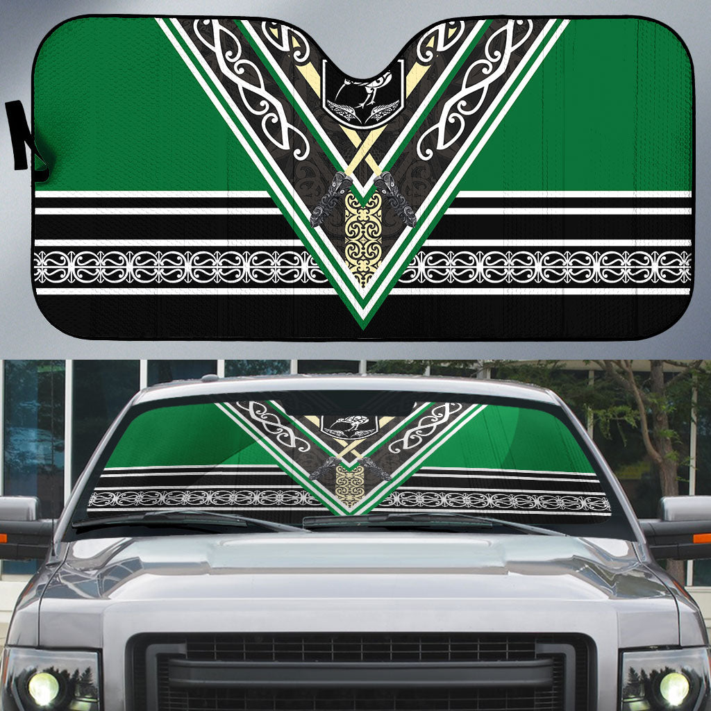 New Zealand Maori Rugby Auto Sun Shade Aotearoa Koru Geometric - Naturalistic Green