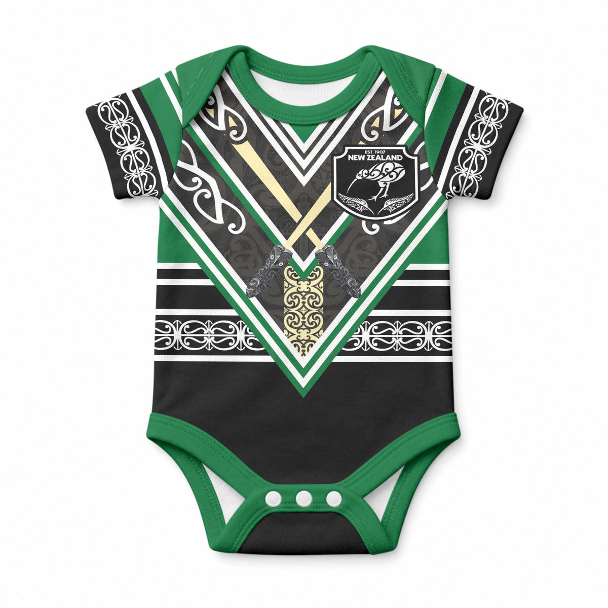 New Zealand Maori Rugby Custom Baby Onesie Aotearoa Koru Geometric - Naturalistic Green