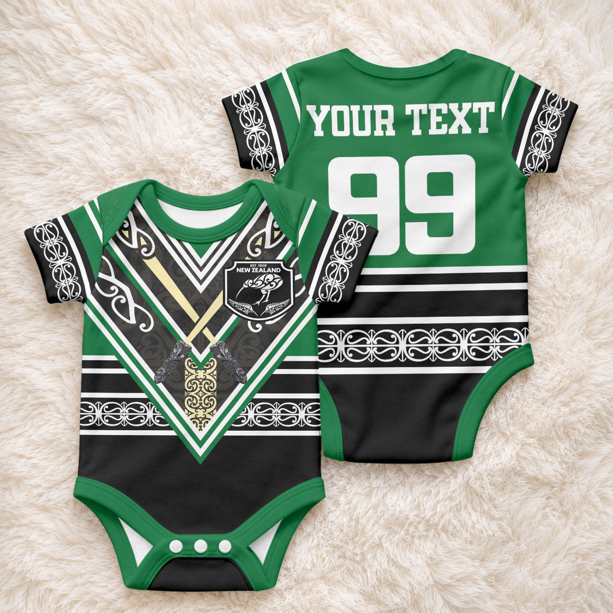 New Zealand Maori Rugby Custom Baby Onesie Aotearoa Koru Geometric - Naturalistic Green