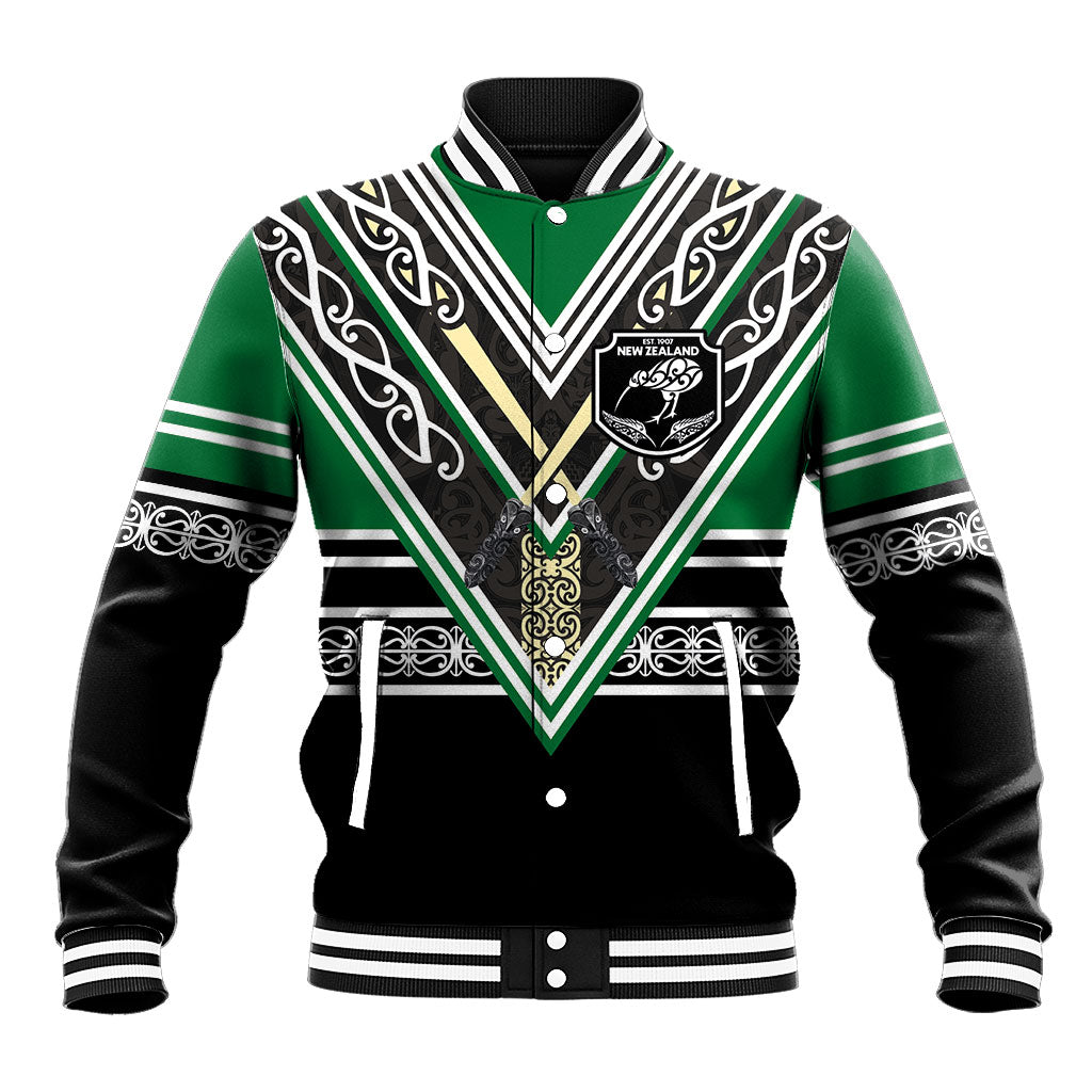 New Zealand Maori Rugby Custom Baseball Jacket Aotearoa Koru Geometric - Naturalistic Green