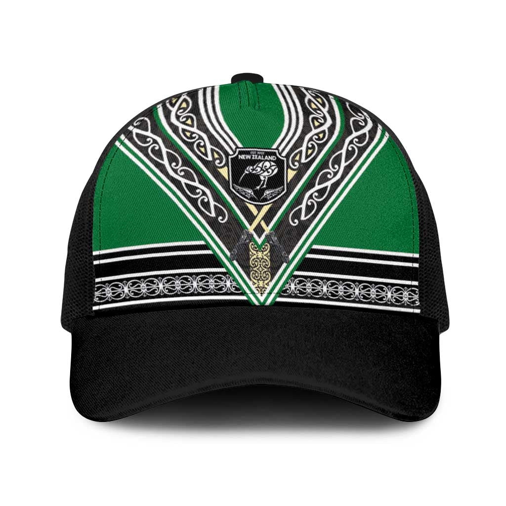 New Zealand Maori Rugby Baseball Net Cap Aotearoa Koru Geometric - Naturalistic Green
