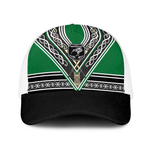 New Zealand Maori Rugby Baseball Net Cap Aotearoa Koru Geometric - Naturalistic Green
