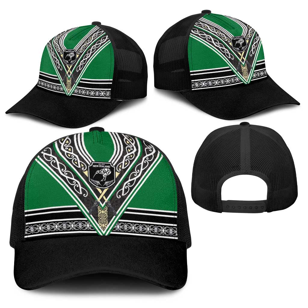 New Zealand Maori Rugby Baseball Net Cap Aotearoa Koru Geometric - Naturalistic Green