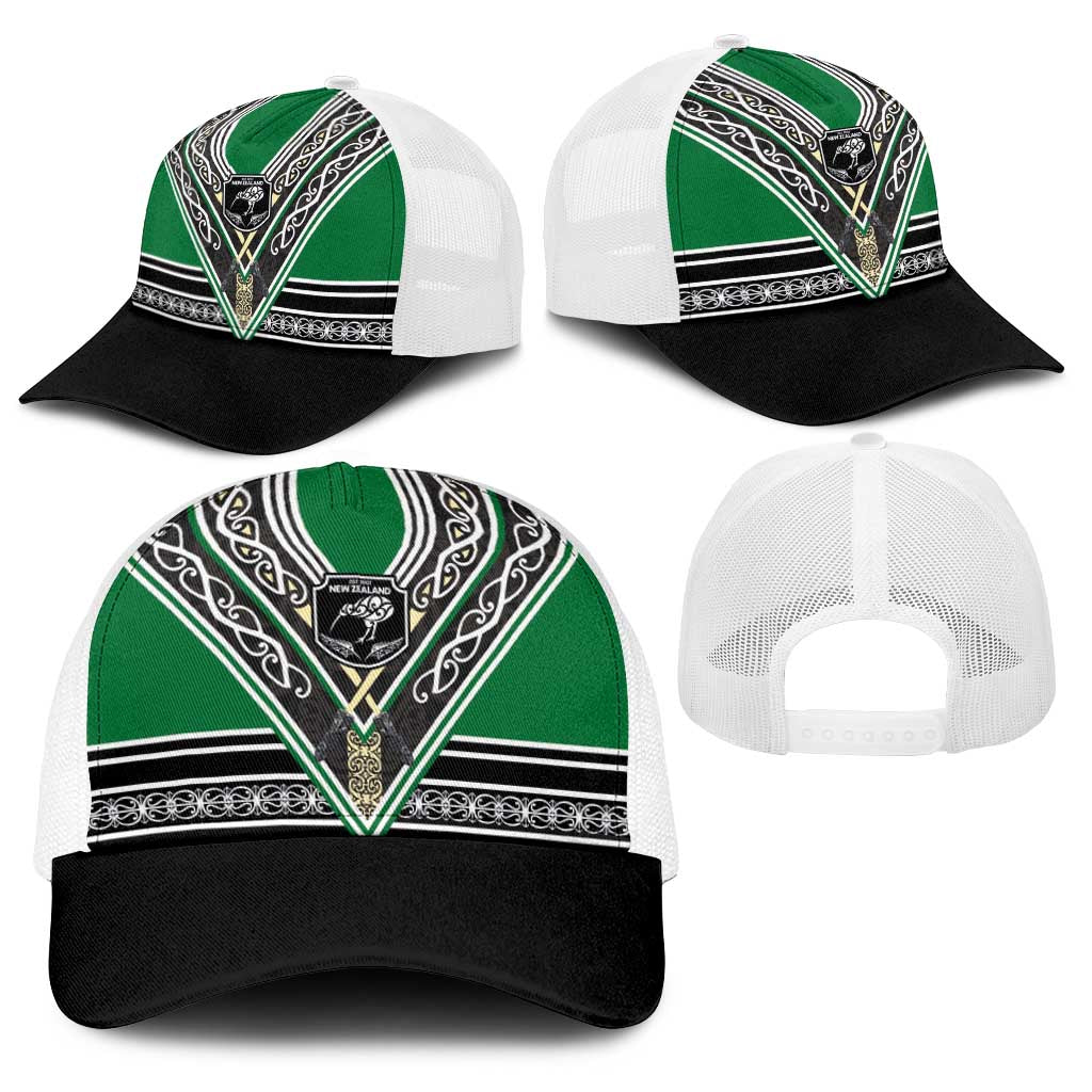 New Zealand Maori Rugby Baseball Net Cap Aotearoa Koru Geometric - Naturalistic Green